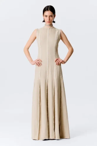 Sleeveless Linen-Blend Panelled Maxi Dress – Light Beige
