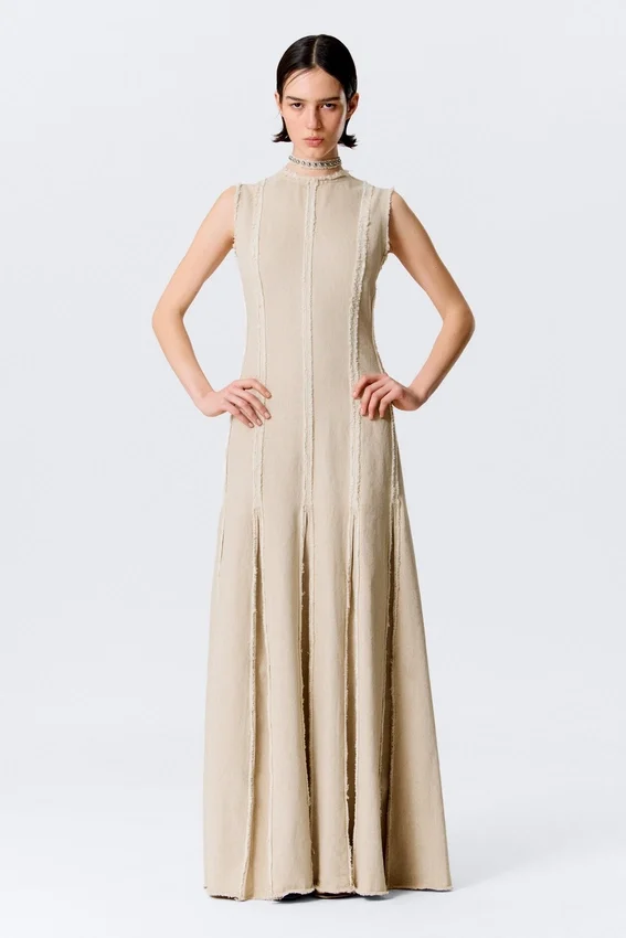 Sleeveless Linen-Blend Panelled Maxi Dress – Light Beige Sleeveless Linen-Blend Panelled Maxi Dress – Light Beige