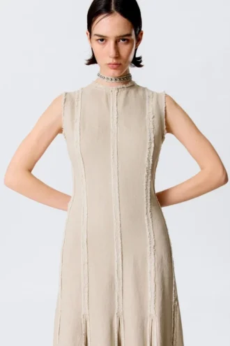 Sleeveless Linen-Blend Panelled Maxi Dress – Light Beige
