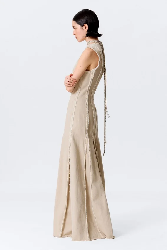 Sleeveless Linen-Blend Panelled Maxi Dress – Light Beige Sleeveless Linen-Blend Panelled Maxi Dress – Light Beige