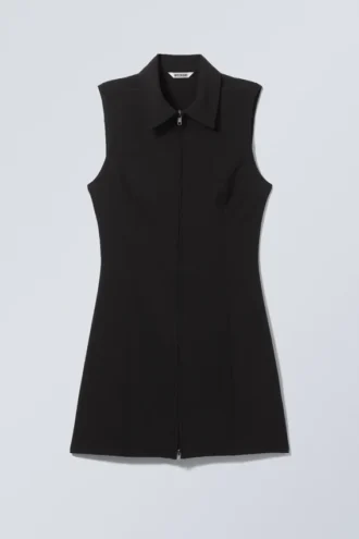Sleeveless Mini Suiting Zip Dress – Black