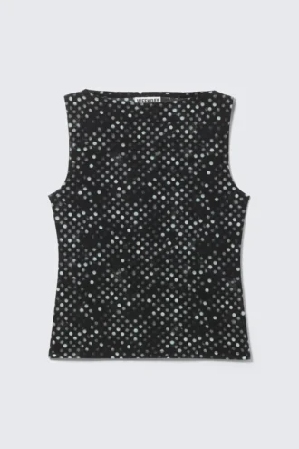 Sleeveless Printed Mesh Top – Black Polka Dot Spray