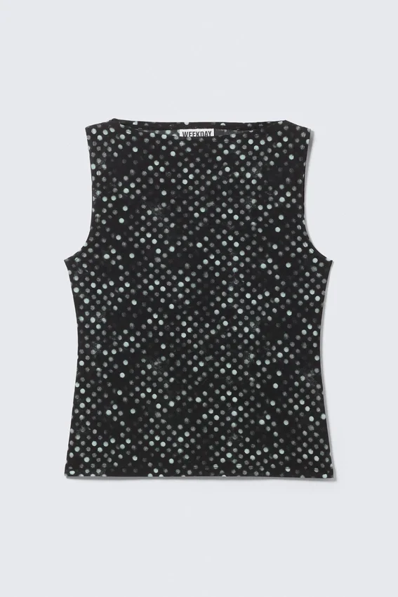 Sleeveless Printed Mesh Top – Black Polka Dot Spray Sleeveless Printed Mesh Top – Black Polka Dot Spray