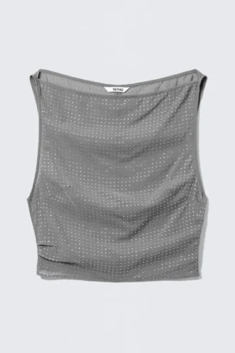 Sleeveless Sequin Top – Grey – Rhinestones