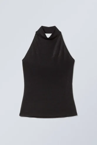 Sleeveless Shiny Halterneck Top – Black