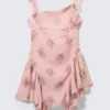 Sleeveless Square-Neck Mini Dress – Pink – Floral Sleeveless Square-Neck Mini Dress – Pink – Floral