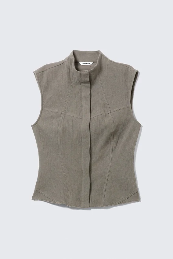 Sleeveless Structured Twill Top – Grey Sleeveless Structured Twill Top – Grey
