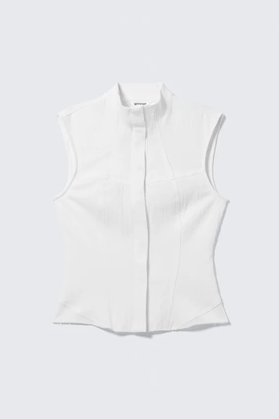 Sleeveless Structured Twill Top – White Sleeveless Structured Twill Top – White