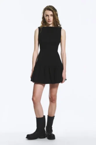 Sleeveless Twill Mini Dress – Black