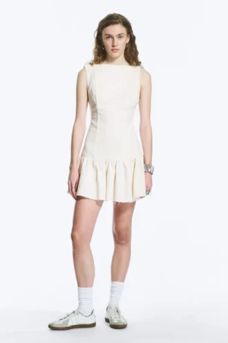 Sleeveless Twill Mini Dress – White