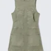 Sleeveless Utility Cotton Twill Dress – Khaki Green Sleeveless Utility Cotton Twill Dress – Khaki Green