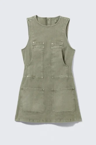 Sleeveless Utility Cotton Twill Dress – Khaki Green