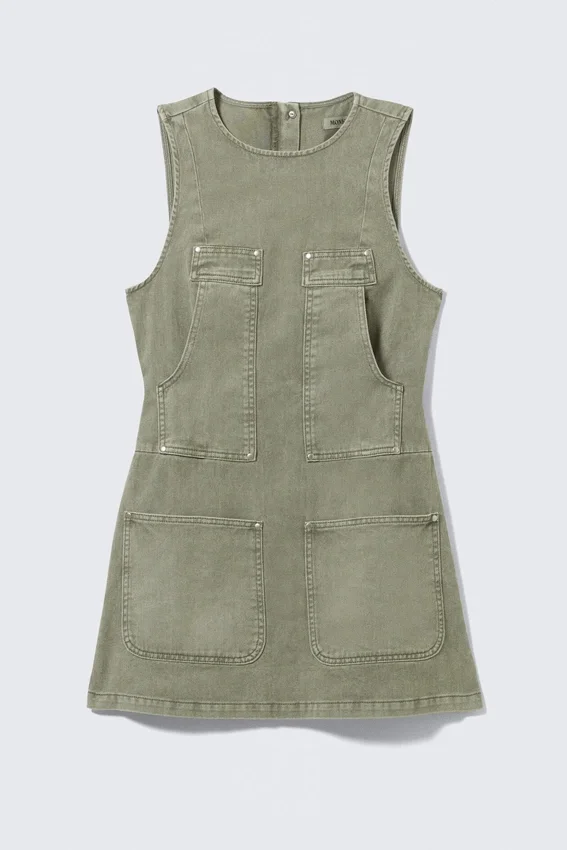 Sleeveless Utility Cotton Twill Dress – Khaki Green Sleeveless Utility Cotton Twill Dress – Khaki Green