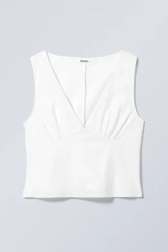 Sleeveless V-Neck Cotton Poplin Top – White