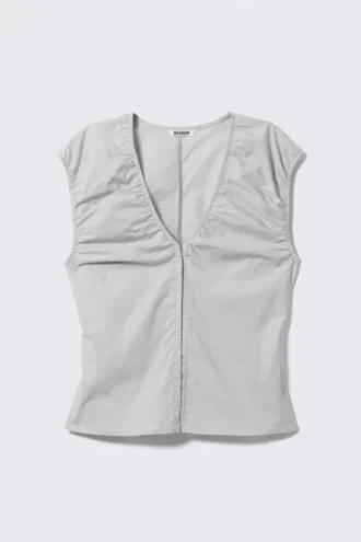 Sleeveless V-Neck Cotton Top – Light Grey