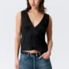 Sleeveless V-Neck Satin Top – Black