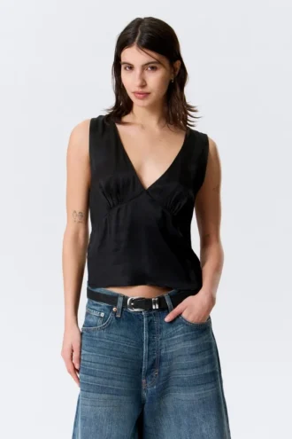Sleeveless V-Neck Satin Top – Black