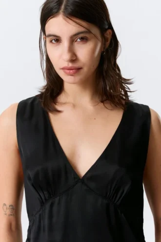 Sleeveless V-Neck Satin Top – Black
