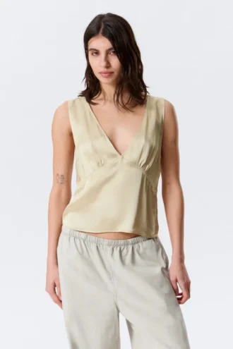 Sleeveless V-Neck Satin Top – Light Dusty Beige