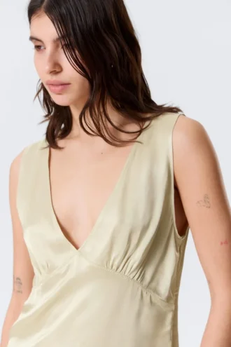 Sleeveless V-Neck Satin Top – Light Dusty Beige