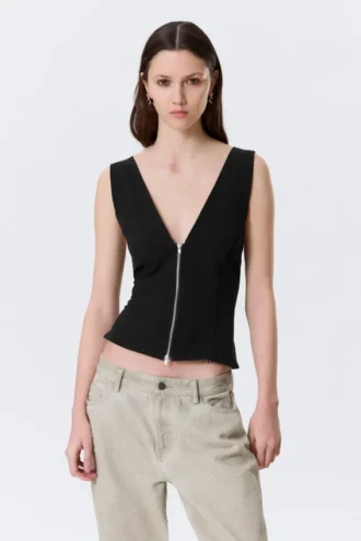 Sleeveless V-Neck Zip Top – Black