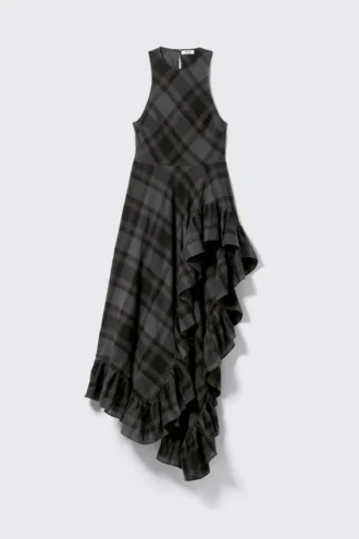 Sleevless Asymmetric Ruffled Maxi Dress – Dark Grey Check