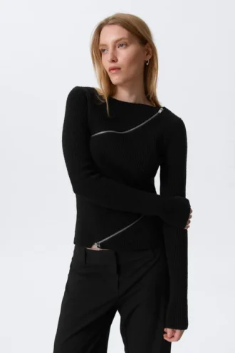 Slim Asymmetric Zip Knit Sweater – Black