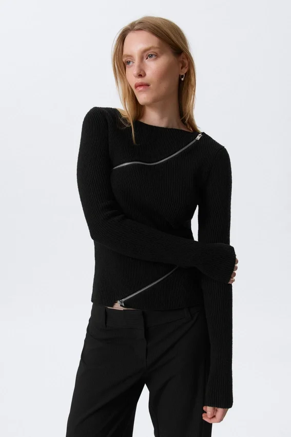 Slim Asymmetric Zip Knit Sweater – Black Slim Asymmetric Zip Knit Sweater – Black