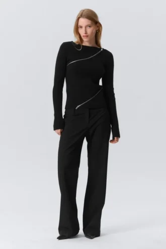 Slim Asymmetric Zip Knit Sweater – Black