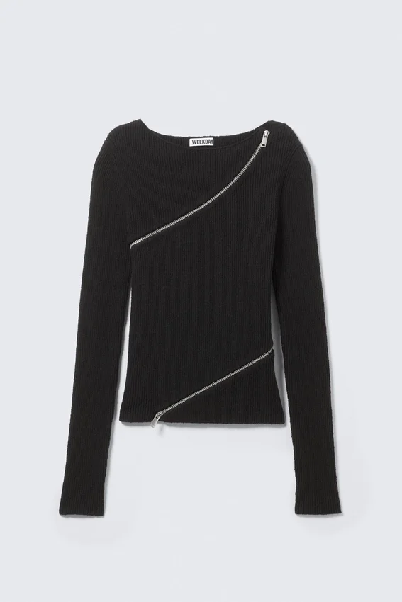 Slim Asymmetric Zip Knit Sweater – Black Slim Asymmetric Zip Knit Sweater – Black