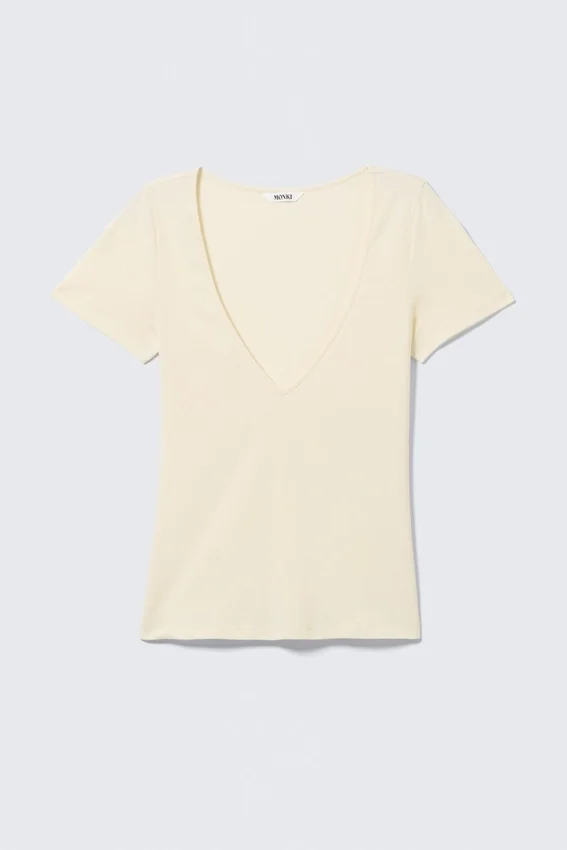 Slim Deep V-Neck T-Shirt – Cream Slim Deep V-Neck T-Shirt – Cream