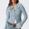 Slim Faux Fur Trim Zip Cardigan – Light Dusty Blue Slim Faux Fur Trim Zip Cardigan – Light Dusty Blue