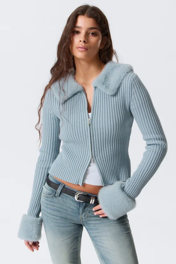 Slim Faux Fur Trim Zip Cardigan – Light Dusty Blue Slim Faux Fur Trim Zip Cardigan – Light Dusty Blue