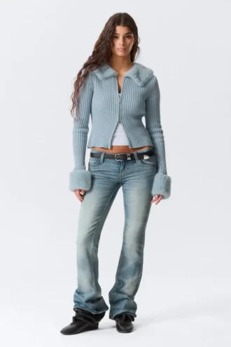 Slim Faux Fur Trim Zip Cardigan – Light Dusty Blue