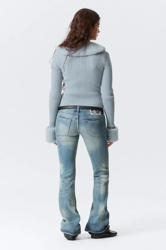 Slim Faux Fur Trim Zip Cardigan – Light Dusty Blue Slim Faux Fur Trim Zip Cardigan – Light Dusty Blue