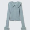 Slim Faux Fur Trim Zip Cardigan – Light Dusty Blue Slim Faux Fur Trim Zip Cardigan – Light Dusty Blue