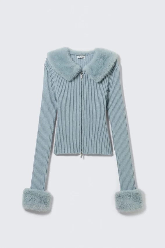 Slim Faux Fur Trim Zip Cardigan – Light Dusty Blue Slim Faux Fur Trim Zip Cardigan – Light Dusty Blue