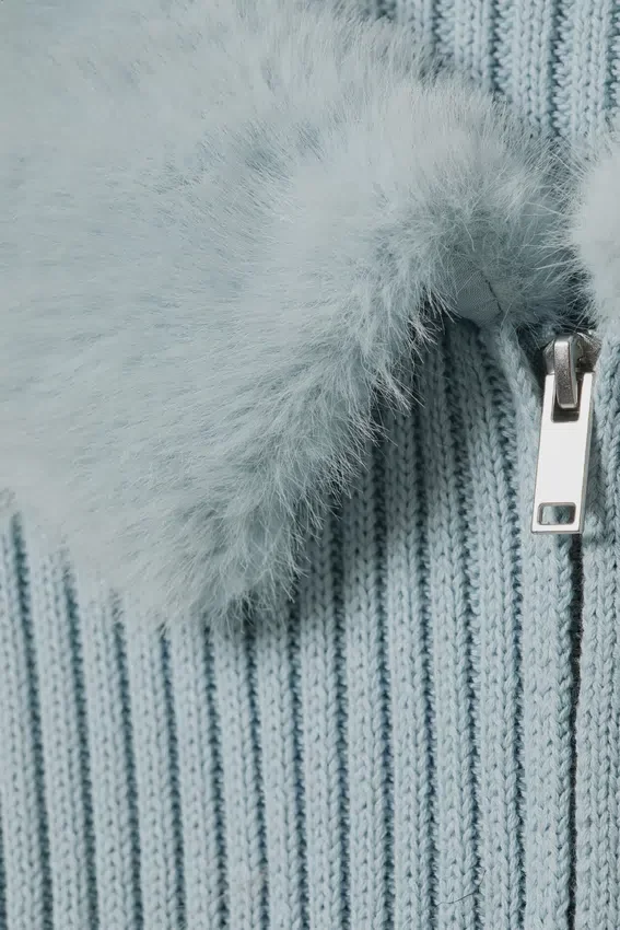 Slim Faux Fur Trim Zip Cardigan – Light Dusty Blue Slim Faux Fur Trim Zip Cardigan – Light Dusty Blue