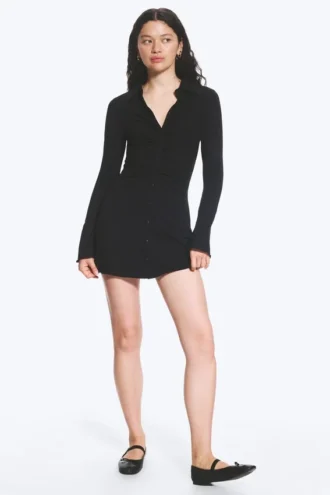 Slim Fit Gathered Long-Sleeve Dress – Black