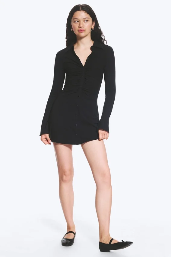 Slim Fit Gathered Long-Sleeve Dress – Black Slim Fit Gathered Long-Sleeve Dress – Black