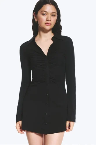 Slim Fit Gathered Long-Sleeve Dress – Black