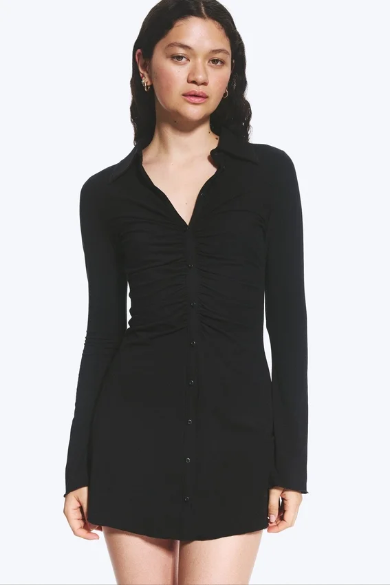 Slim Fit Gathered Long-Sleeve Dress – Black Slim Fit Gathered Long-Sleeve Dress – Black