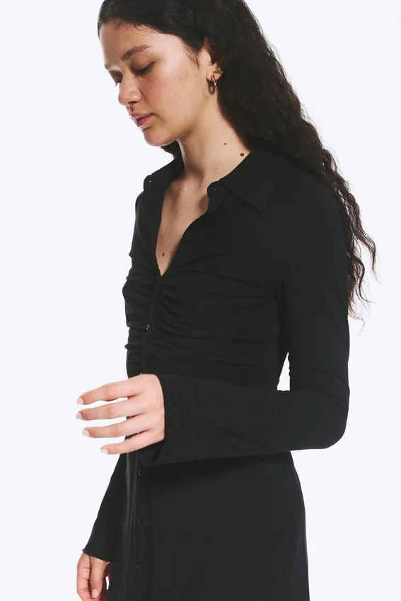 Slim Fit Gathered Long-Sleeve Dress – Black Slim Fit Gathered Long-Sleeve Dress – Black