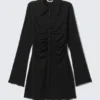 Slim Fit Gathered Long-Sleeve Dress – Black Slim Fit Gathered Long-Sleeve Dress – Black