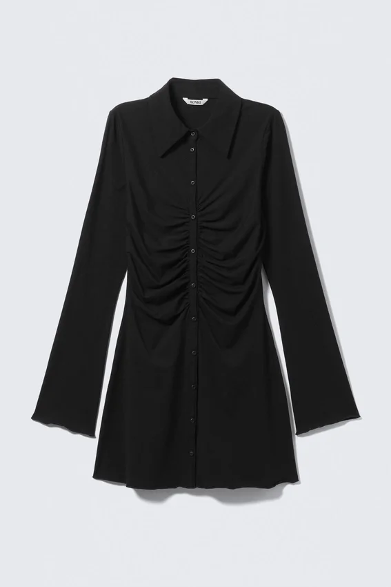 Slim Fit Gathered Long-Sleeve Dress – Black Slim Fit Gathered Long-Sleeve Dress – Black