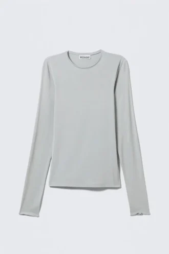 Slim Fit Long-Sleeved Lyocell Top – Light Blue-Ish Grey