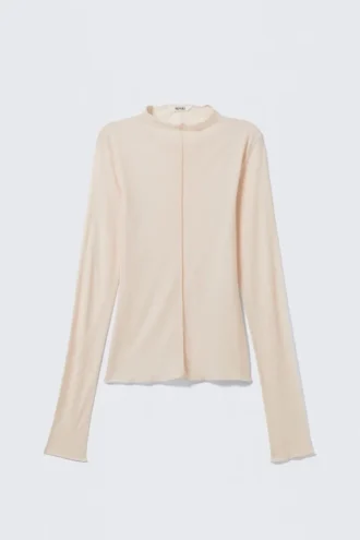 Slim Fit Long-Sleeved Mock-Neck Top – Beige