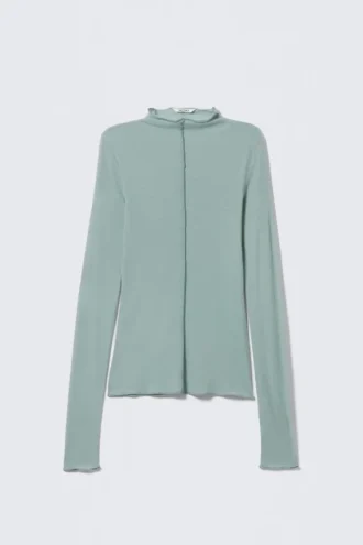 Slim Fit Long-Sleeved Mock-Neck Top – Turquoise