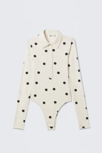 Slim Fit Polo Bodysuit – Off-White – Black Dots