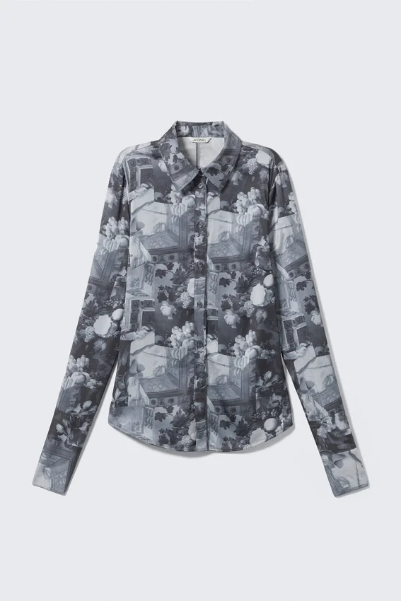 Slim Fit Printed Button-Up Shirt – Dark Grey – Floral Collage Slim Fit Printed Button-Up Shirt – Dark Grey – Floral Collage